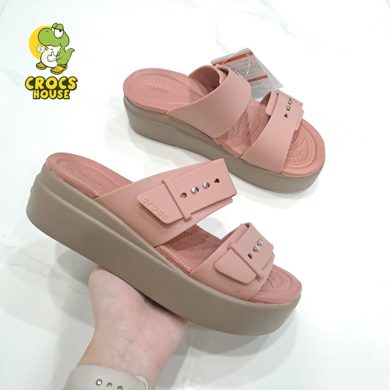 (Real photo) sandals Crocs Đế high 5 stool Brooklyn mid wedge version 2 multi-color, sandals horizontal straps buttoned Brooklyn-CR