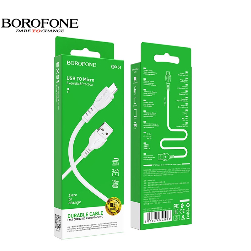 Cáp sạc nhanh 2.4a borofone bx51 chống rối đầu lightning, micro, type-c, dây truyền tải dữ liệu dài 1m - chính hãng