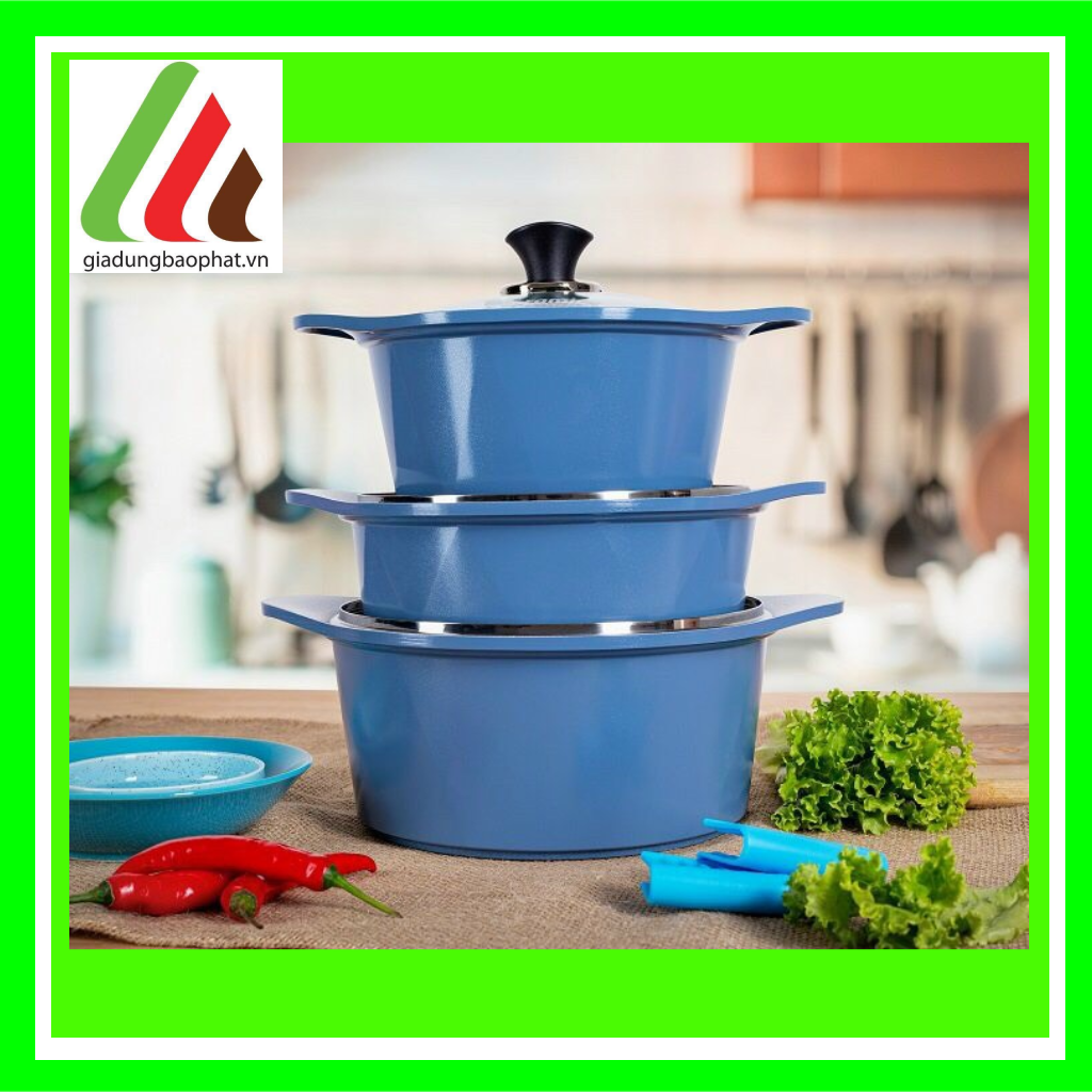 Bộ 3 nồi đúc Ecoramic đáy từ vân đá cao cấp chính hãng size 20cm 22cm 24cm Hàn Quốc