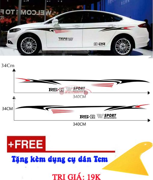 Tem dán sườn Decal dán sườn trang trí Ô tô D-88 Tặng kèm dụng cụ dán Tem, màu Đen- Đỏ