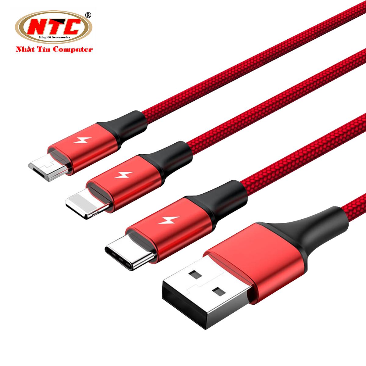 Cáp sạc 3 đầu microUSB/Lightning/Type-C Unitek C4049RD dài 1.2m - bọc dù chống đứt (Đỏ) - Nhất Tín Computer