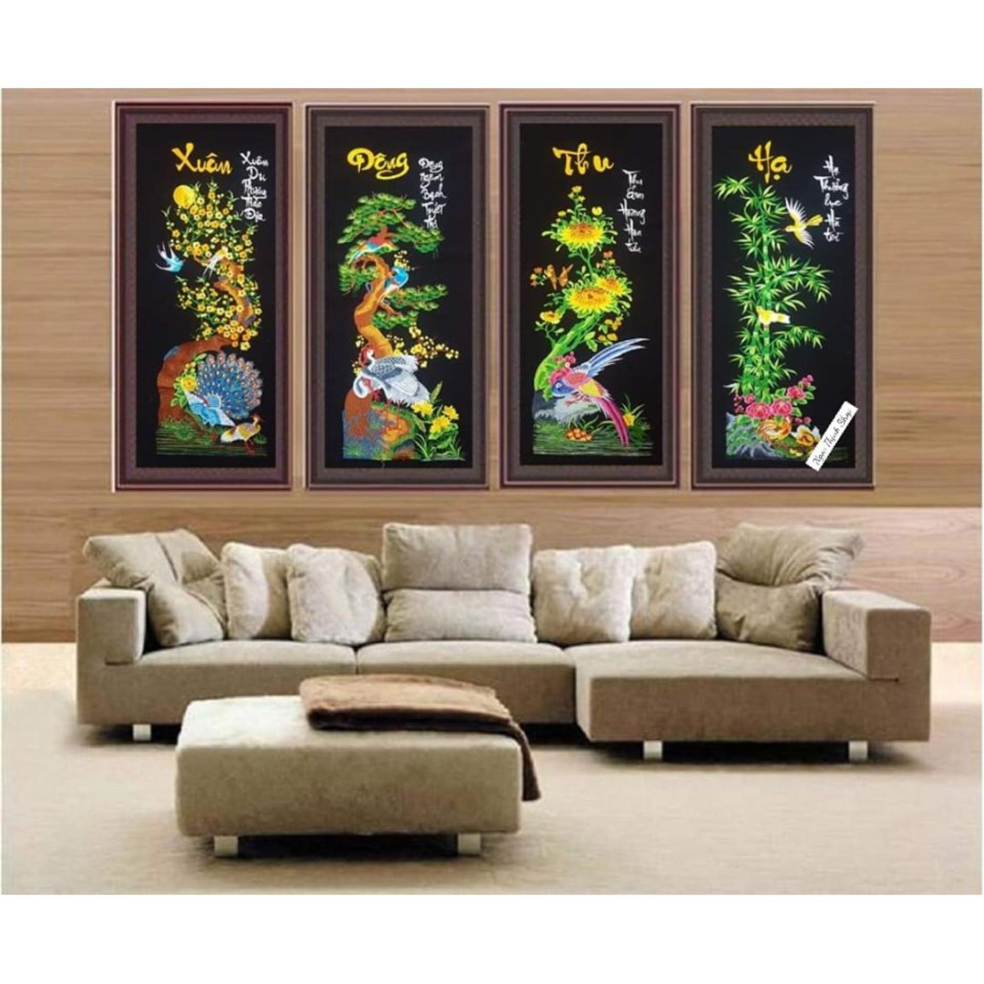 Tranh thêu thành phẩm vi tính tứ quý chỉ lụa khách mua về chỉ việc đóng khung và treo KÍCH THƯỚC 75cmX32cmX 4 TẤM