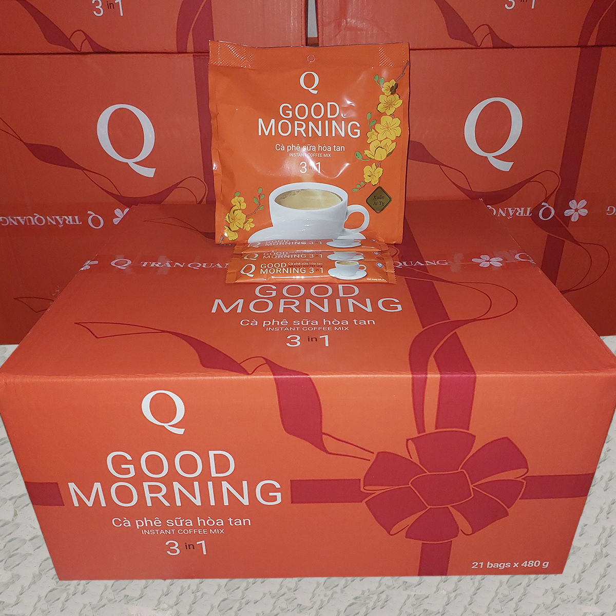 Thùng cà phê sữa Good morning Trần Quang 21 bịch 480g (mỗi bịch 24 gói dài 20g) Mẫu Xuân 2025