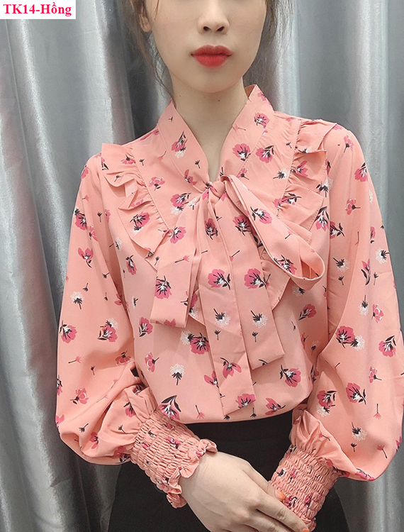 [HCM]TK14- Áo sơ mi hoa cổ nơ