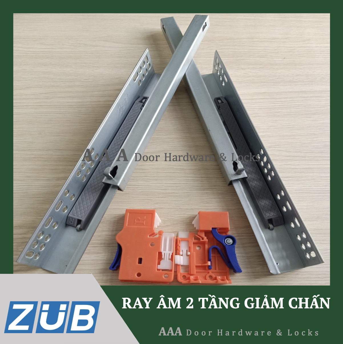 Ray âm zub giảm chấn khoá tay 2 tầng độ mở 3/4, thanh trượt giảm chấn. bộ gồm 2 thanh trượt giảm chấn có tay nhựa