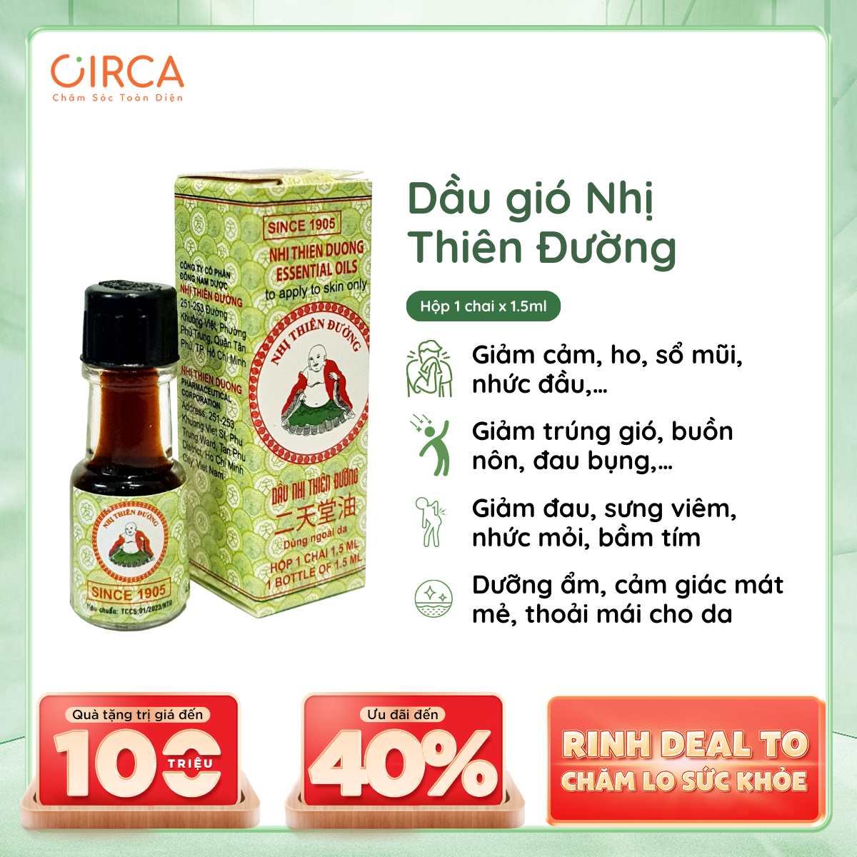 Dầu gió Nhị Thiên Đường chai 1.5ml