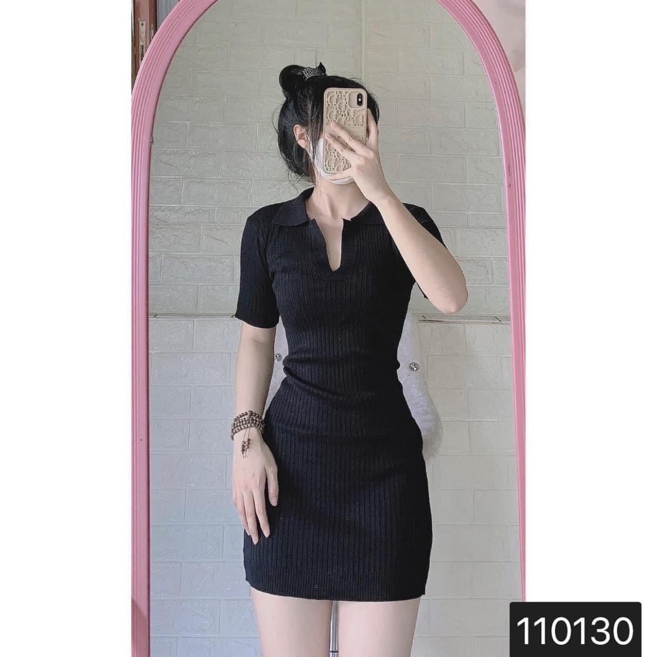 Đầm Gân Body Tay Ngắn Cổ Bẻ Trơn Basic