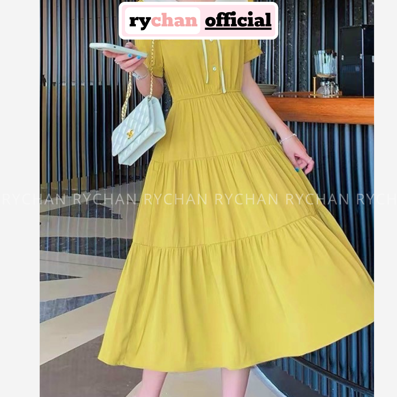 Đầm Váy Nữ Màu Vàng Cổ Áo Trắng Thủy Thủ Tay Phồng Chân Váy Xòe Có Thắt Eo   MixASale