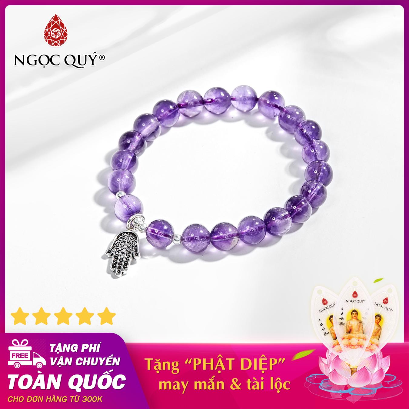 Vòng tay phong thủy đá thạch anh tím phối bàn tay hamsa bạc 8mm mệnh hỏa , thổ - Ngọc Quý Gemstones