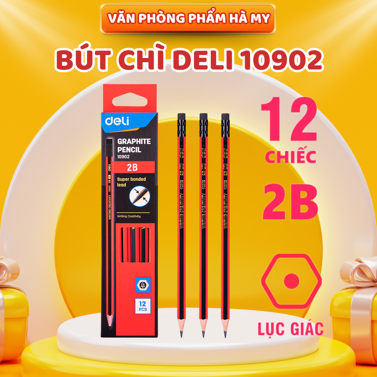 (Hộp 12 Cây) Bút chì lục giác 2B Deli 10902 Có Gôm