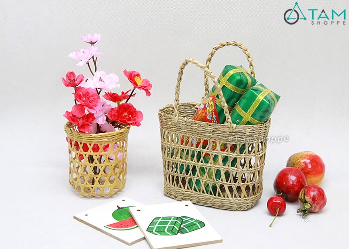 Giỏ cói quai xách đi chợ cỡ nhỏ c22cm t-mtrn-07 - giỏ cói quai xách đi chợ cỡ nhỏ c22cm