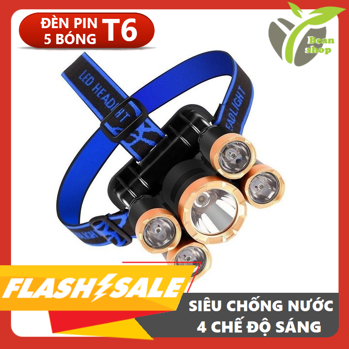 Đèn PIN siêu sáng 5 bóng T6, đèn pin đội đầu chống nước chiếu sáng 4 chế độ đa dụng