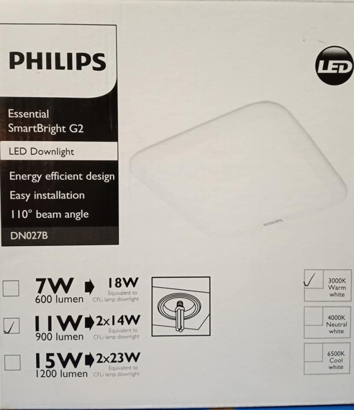 Bộ đèn downlight LED âm trần Vuông Philips DN027B LED9/CW L150 SQ 11W trắng, vàng, trung tính