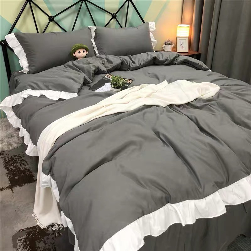 Bộ chăn ga gối cotton hoạt tính viền bèo màu xám đậm