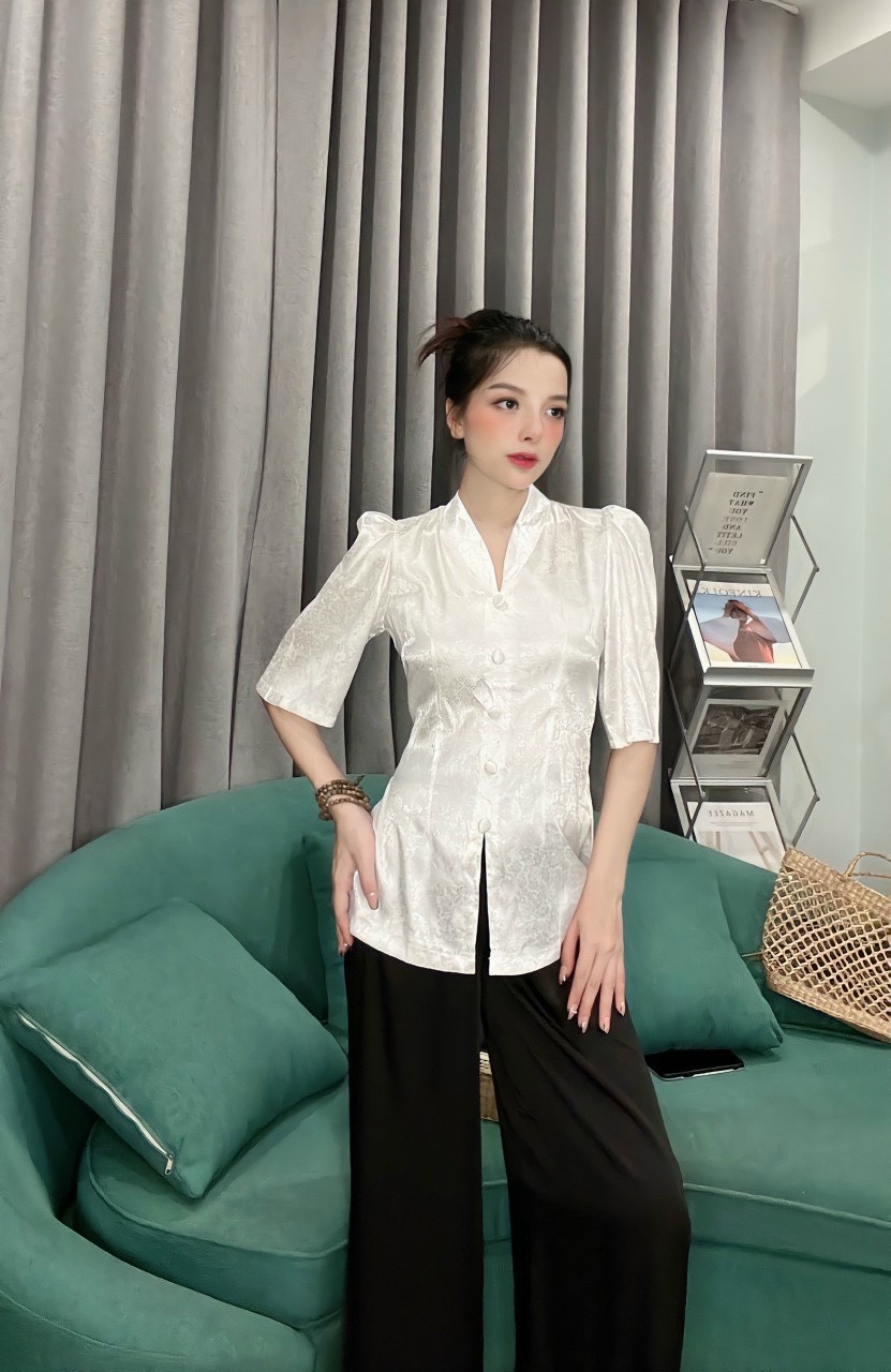 ÁO BÀ BA GẤM CỔ TIM TAY PHỒNG