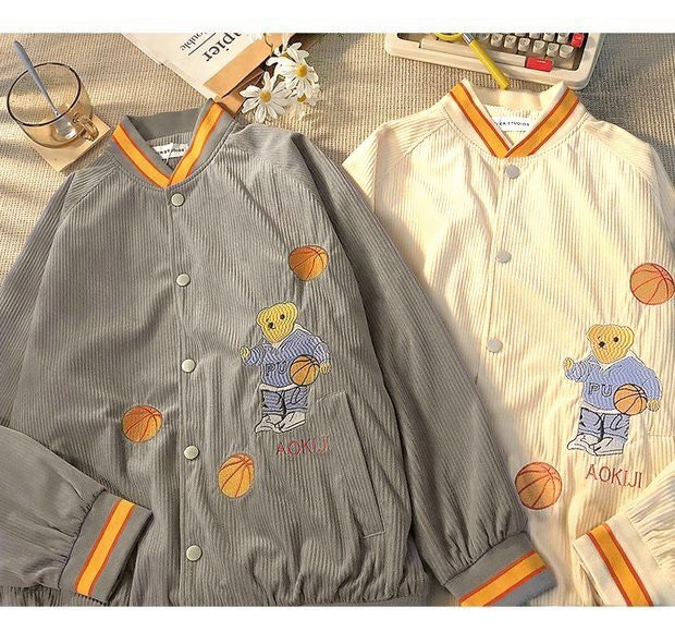 Áo Khoác Nhung Kiểu Dáng Bomber- Chất Liệu Nhung Gân Thêu Bóng Rổ Và Gấu