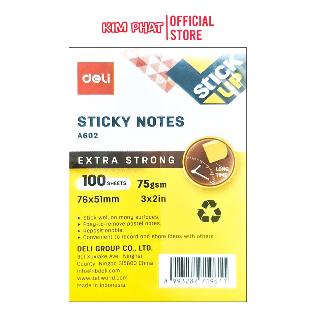Giấy nhớ, giấy note deli màu vàng, 3x2, 3x3, 100 tờ