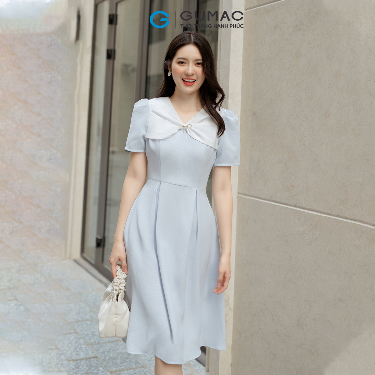 Đầm A cổ phối nơ GUMAC DD05043
