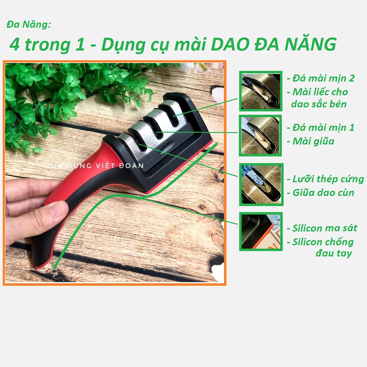 Kitchen Knife Sharpener Dụng cụ Mài Dao cầm tay. Chức năng 4in1 khe mài giũa, Khe liếc và liếc mịn. Phù hợp cho Gia Đình Nhà hàng Bar, quán ăn ĐẲNG CẤP