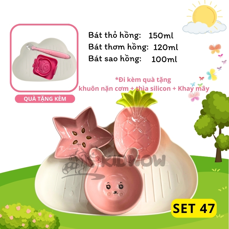 [TẶNG THÌA SILICON+ KHUÔN CƠM+ KHAY MÂY] Bộ Bát Sứ Ăn Dặm Cho Bé Siêu Đáng Yêu