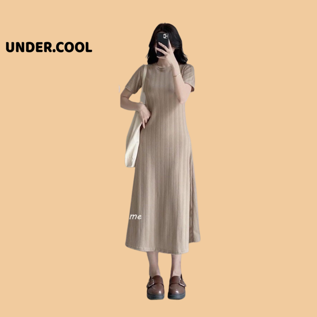 Đầm len body UNDERCOOL Midi Xương Cá Co Dãn Bốn Chiều Cổ Tròn Kiểu Dáng Basic
