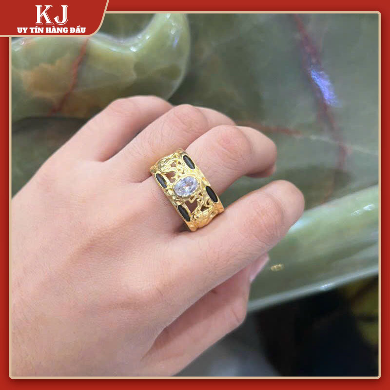 Nhẫn Nam Phong Thủy Vác Hai Hàng Đính Đá Màu -  Tặng Kèm Hộp  - Thương Hiệu KJ