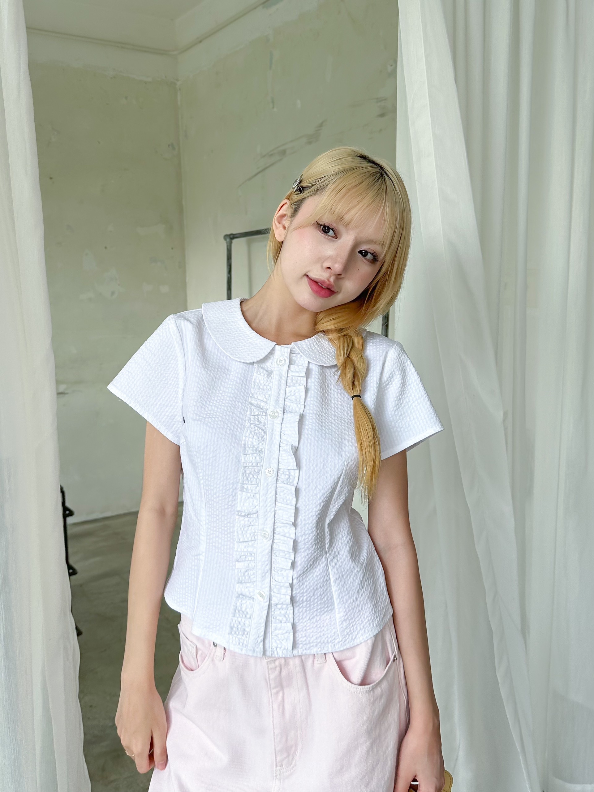 KIDO - Áo sơ mi tay ngắn phối bèo POPLIN TOP