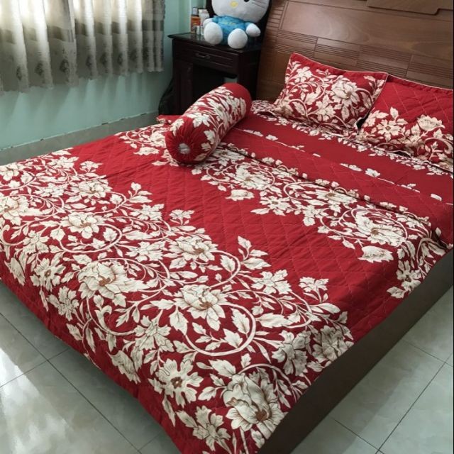 BỘ CHĂN GA COTTON POLY 5 MÓN HOA DÂY ĐỎ 1m6 x 2m - ( 1 Drap + 2 Áo Gối + 1 Áo Gối Ôm + 1 Chăn)