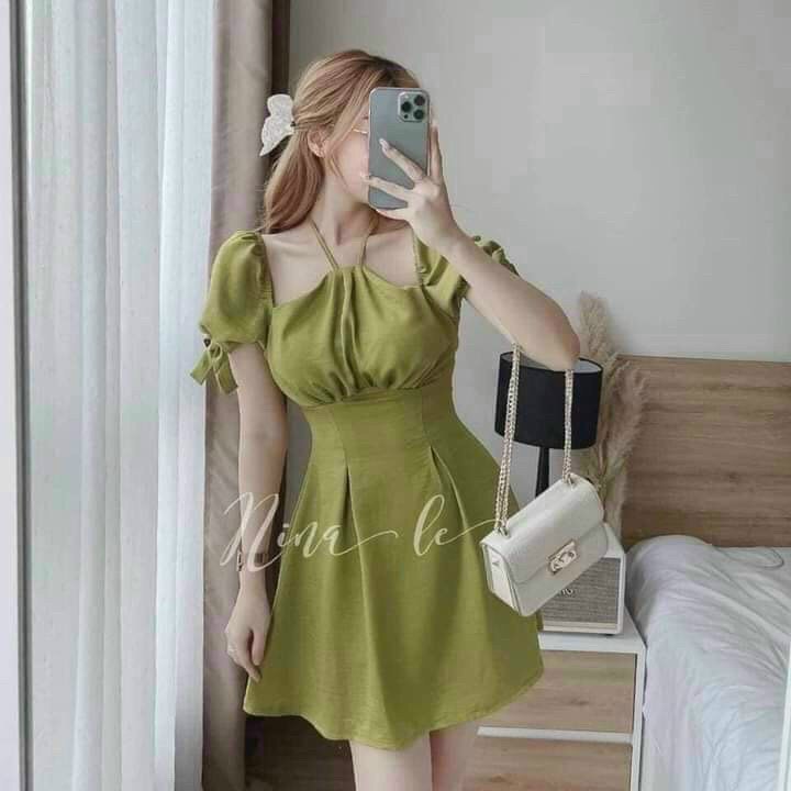 Đầm cổ yếm dễ thương thanh lịch tay cột nơ fashionzero