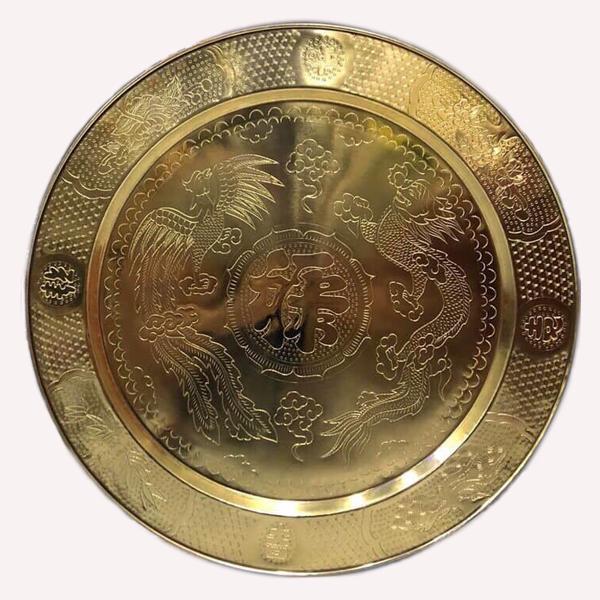 mâm chạm rồng phượng chất liệu đồng 53cm