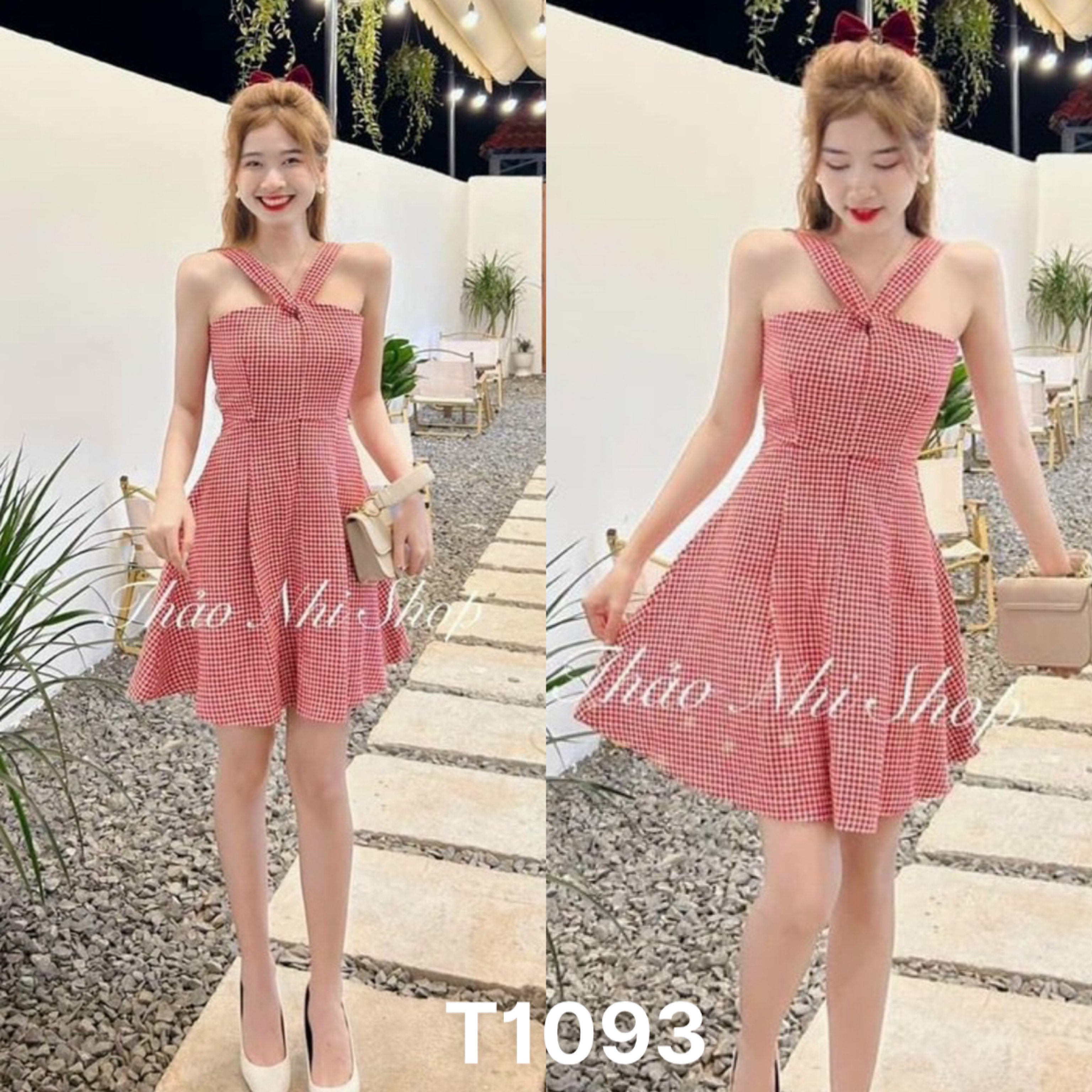 Đầm 2 dây xoắn ngực sát nách dáng xoè caro vải kate T1093