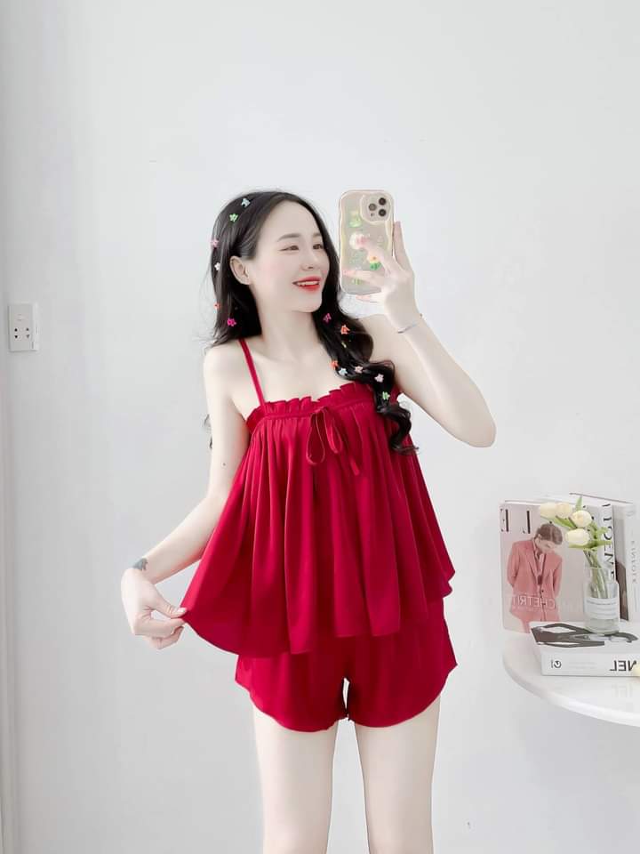 Đồ Bộ Đùi Dây Phối Ren Vải Phi Lụa Mềm Mại  Freesize 45-57kg Đồ Bộ Đùi Vải Phi Lụa Mềm Mát