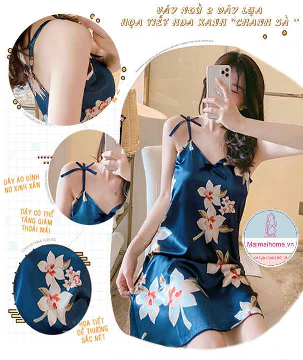 VÁY/ĐẦM NGỦ 2 DÂY HOA XANH LỤA SATIN [Maimaihome]
