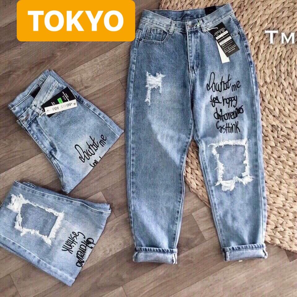 QUẦN JEAN BAGGY NỮ CHẤT BÒ XANH RÁCH IN CHỮ SANG LƯNG CAO NÂNG MÔNG HIRAMISU TOKY-882 CAO CẤP - TOKYO FASHION