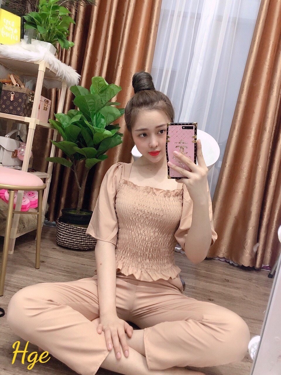 Set Bộ Tay Ngắn Nhún Eo Quần Ống Rộng Thời Trang dễ thương siêu hot