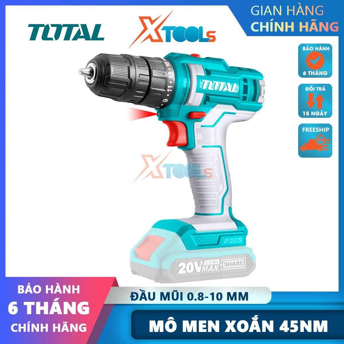 Drill battery handheld total TDLI20028 lithium battery 20V, drilling capacity maximum 0.8-10mm, included 2 battery 1.5ah 1 charger-genuine-xtools