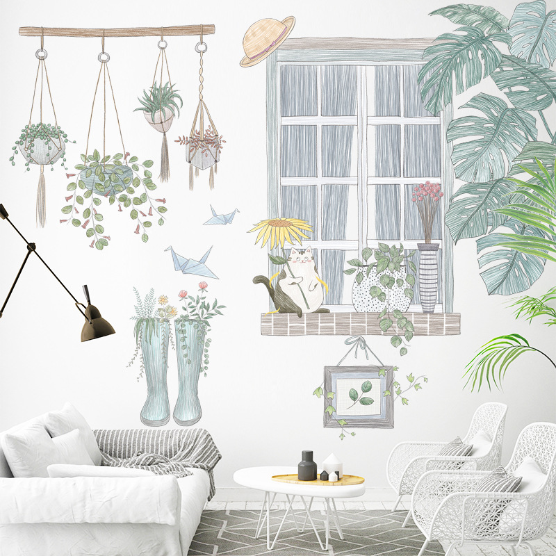 Decal dán tường cửa sổ lá cây nhiệt đới bắc âu