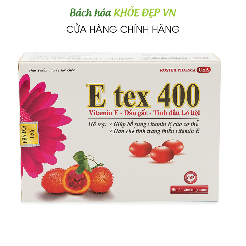 Viên uống đẹp da Vitamin E Đỏ, dầu gấc, tinh dầu lô hội E Tex 400 giảm nám sạm da, chống lão hóa - Hộp 30 viên