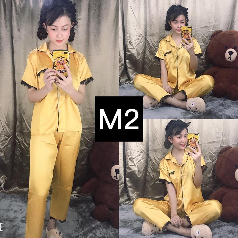 [HCM]Set Đồ Bộ Nữ Pijama Tay Ngắn Quần Dài Phi Lụa Phối Ren Đen Siêu Sang