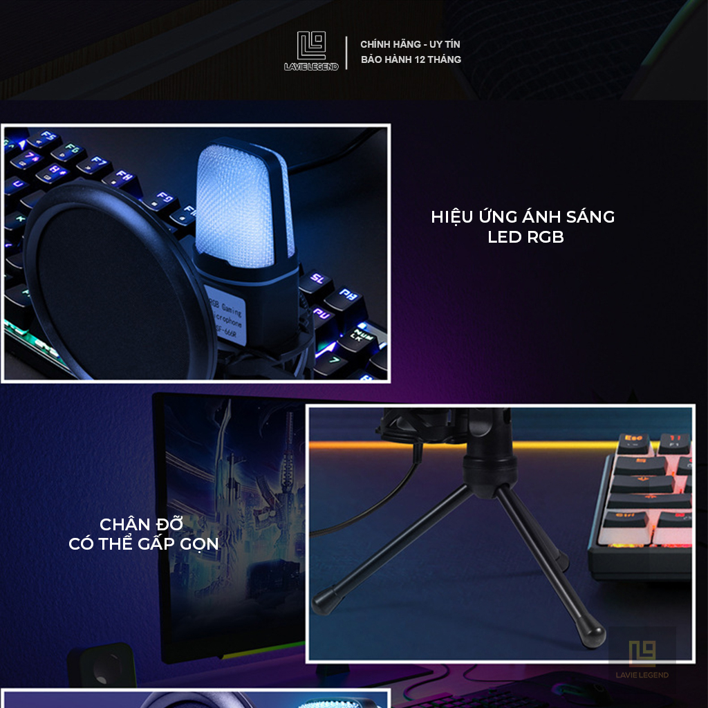 Micro Thu Âm USB, Mic thu âm có dây, Độ Nhạy Cao Tích Hợp Led RGB, Mic Thu Âm Livestream Có Màng Lọc Tạp Âm, Chân Đỡ Để Bàn