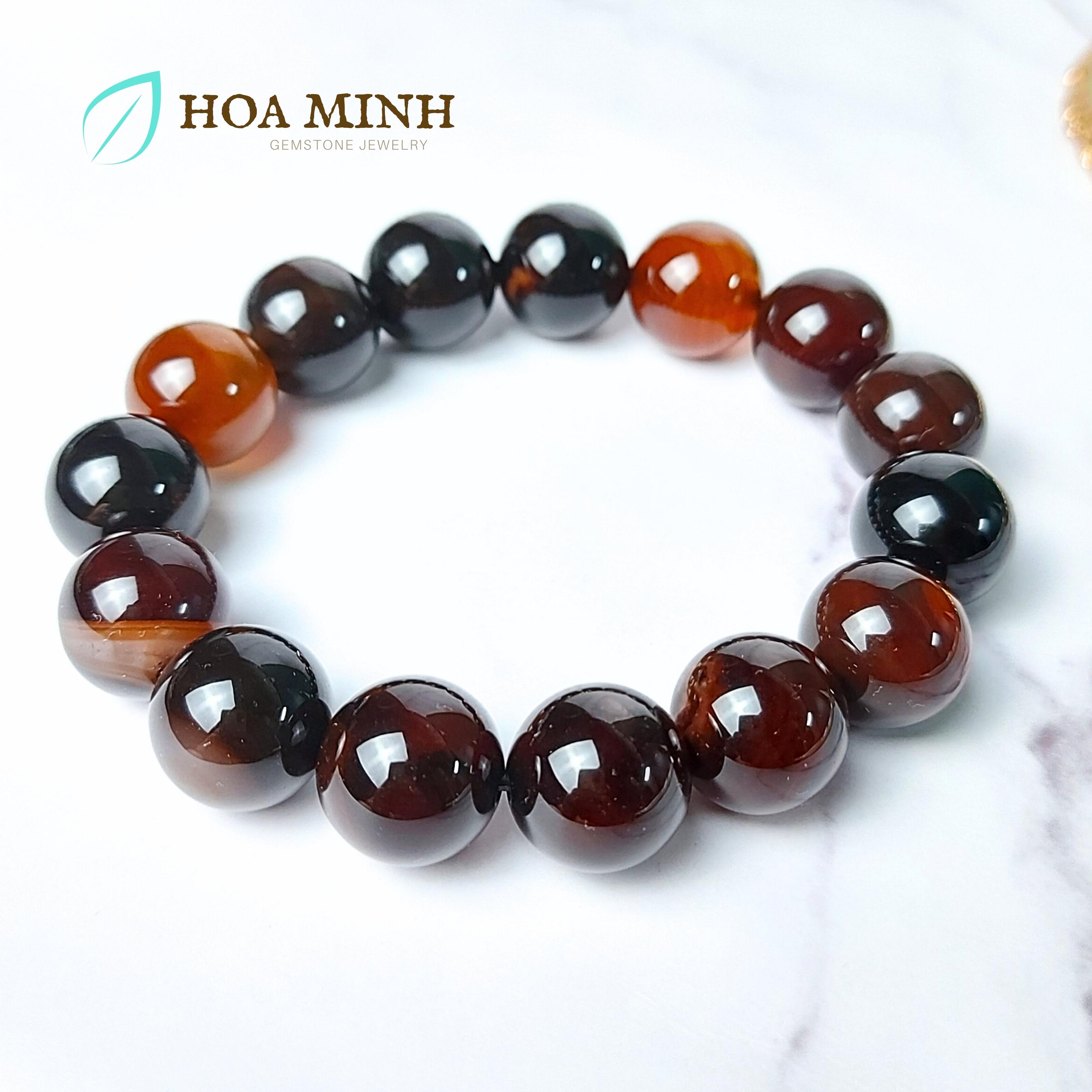 Vòng tay phong thủy đá Mã Não vân đỏ đen mã não ảo mộng dreamy agate tự nhiên size 14 li size lớn vòng tay nam | Hoa Minh Gem