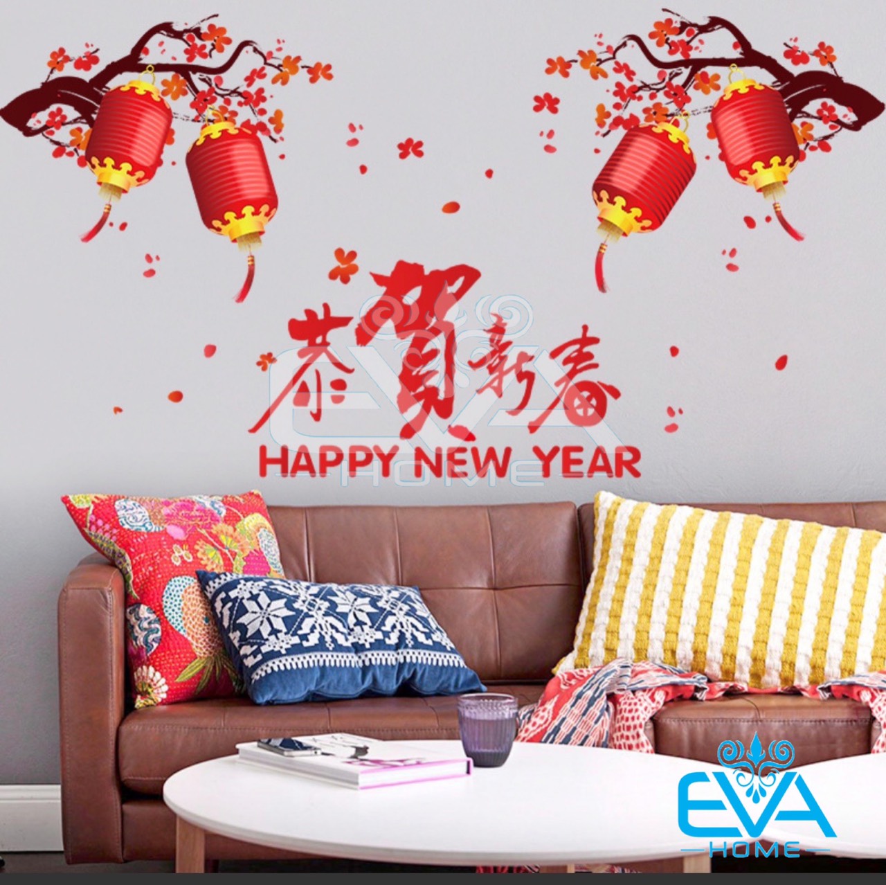 [HCM]Decal Dán Tường Dán Kính Trang Trí Tết Họa Tiết Đèn Lồng Và Hoa Đào Đỏ Đón Tết SK9103 M3292