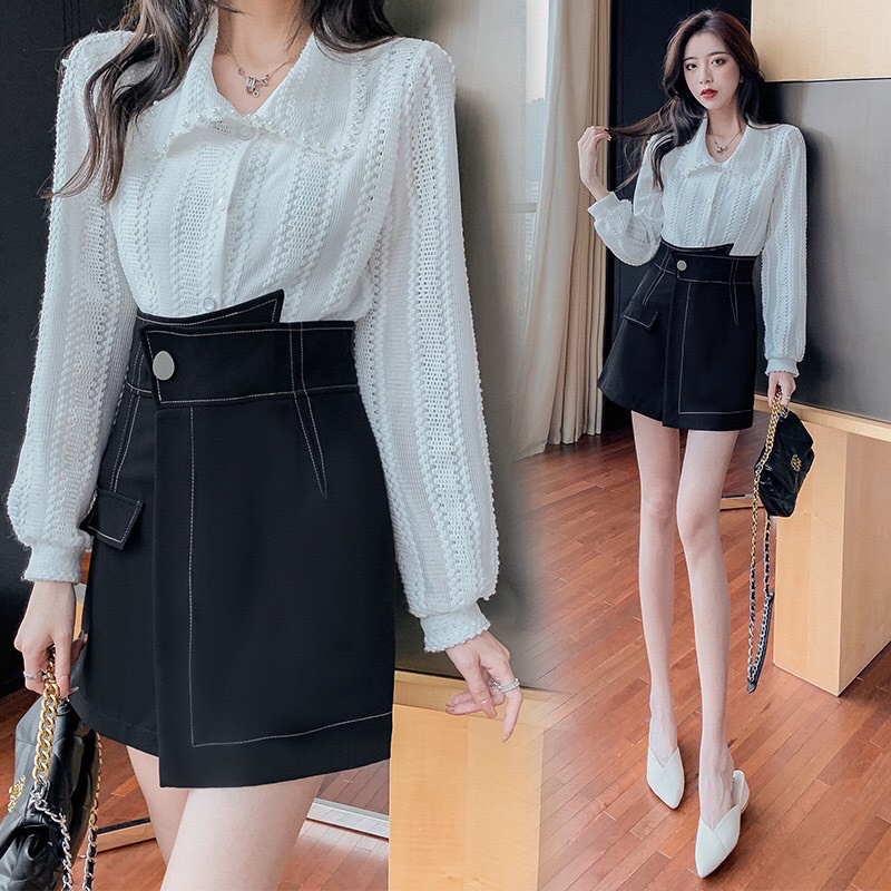 Quần short nữ giả váy cạp chéo viền chỉ nổi vv1