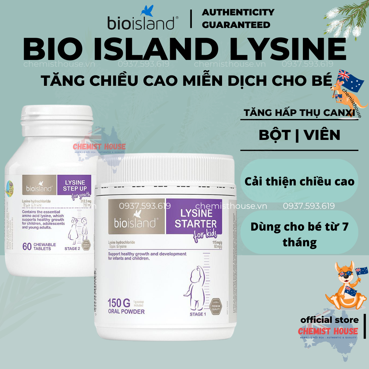 [Hàng Chuẩn ÚC] Bio Island Lysine Starter - Bột tăng chiều cao cho bé 150g