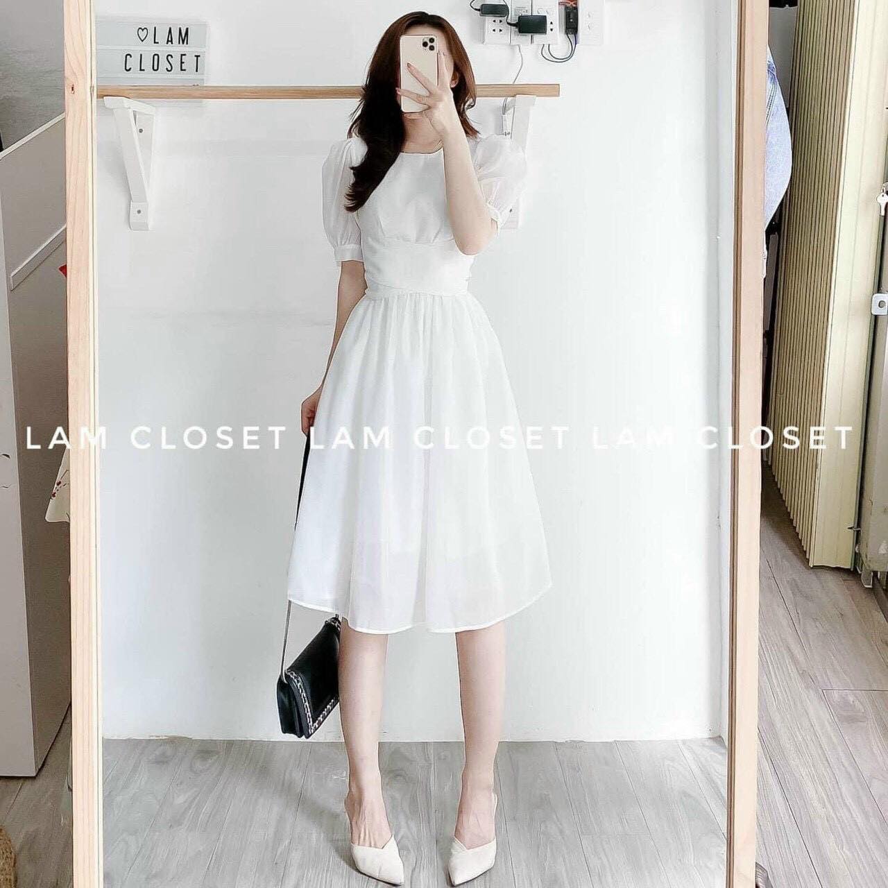 Đầm dự tiệc trắng xòe tay bồng cột eo cao cấp