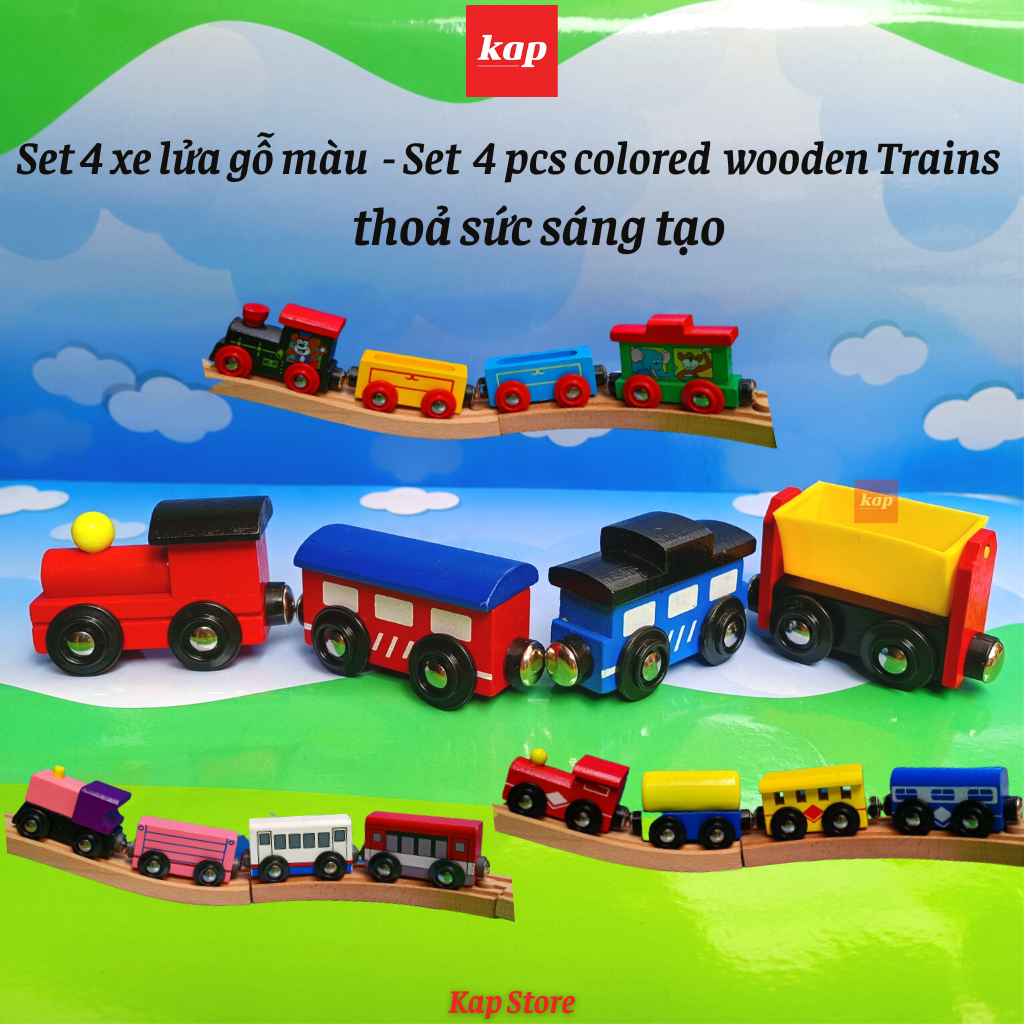 Set 4 toa xe lửa gỗ, phụ kiện đường ray xe lửa gỗ- Set 4 wooden Train