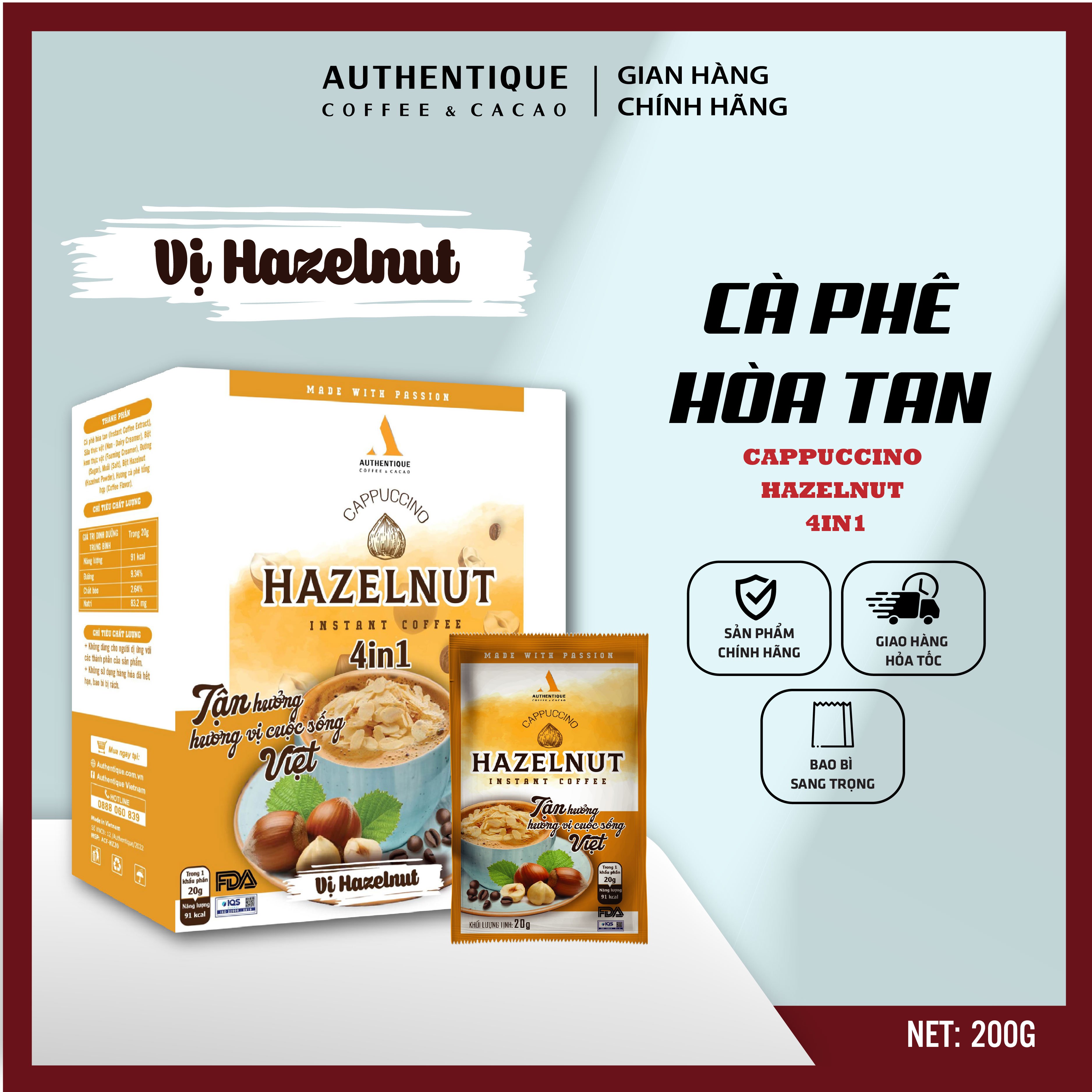 Cà phê hòa tan Authentique vị Hazelnut 4in1 (Hộp 10Gói x 20G) | Cappuccino Hazelnut Authentique Instant Coffee