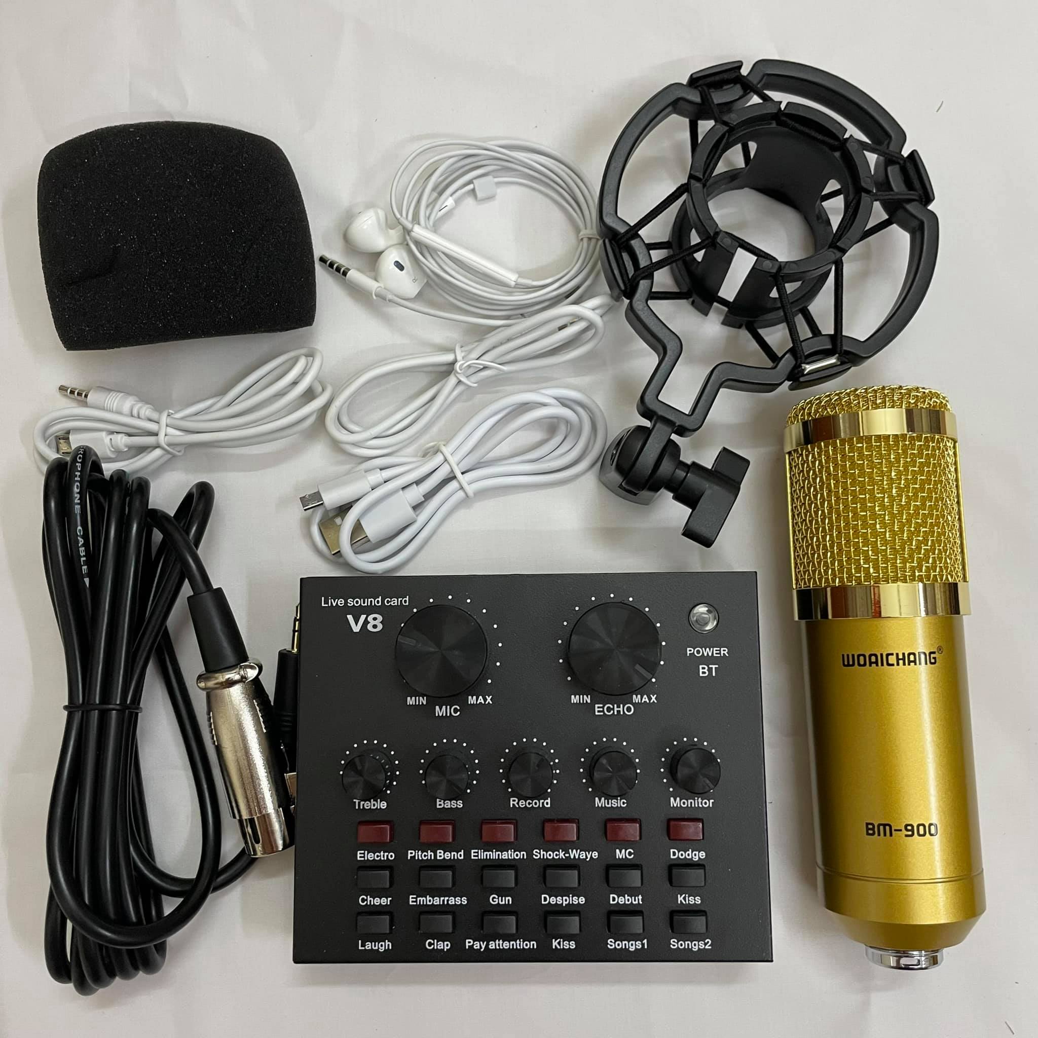 Dàn Hát Thu Âm Sound-Card V8 Bluetooth + Micro BM900 Live Stream Oneline Tại Nhà Bộ Combo Mic Livestream Hát Karaoke Card V8 Có Autotune Micro BM900 WOAICHANG TẶNG Tai Nghe