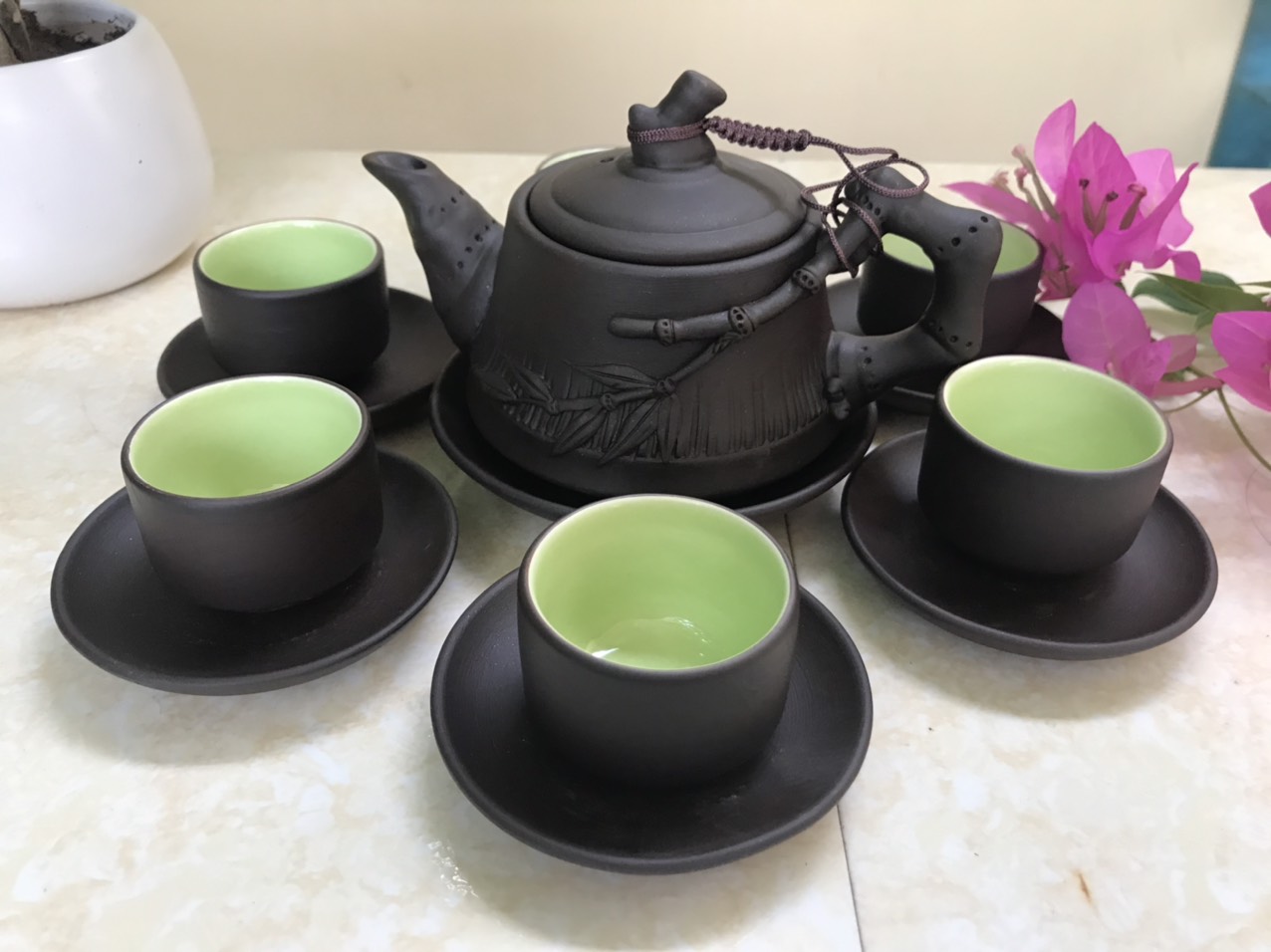 Bộ âm chén tử sa Bát Tràng - Ấm đắp trúc 250ml