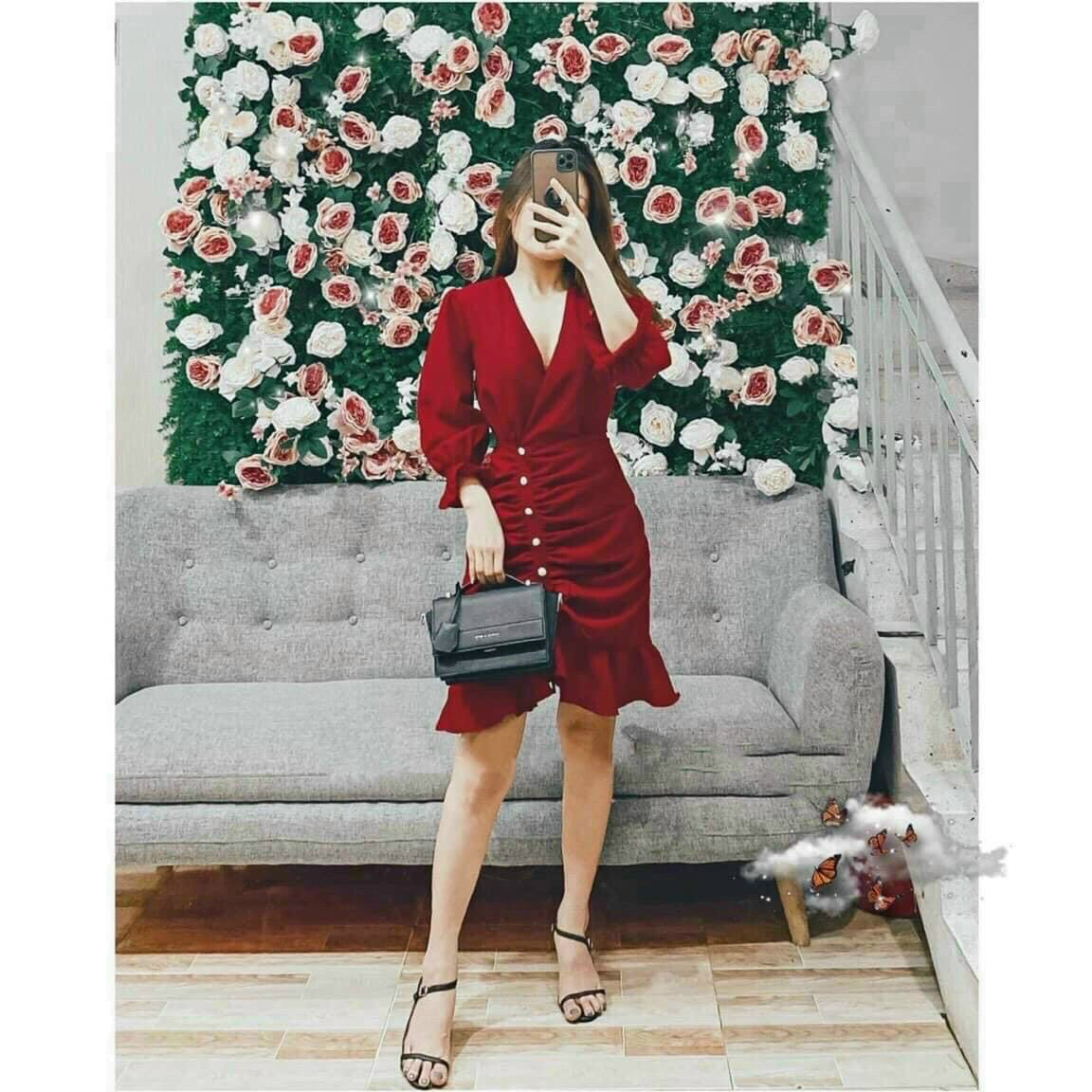 Đầm đuôi cá cổ chéo đính nút dễ thương đáng yêu